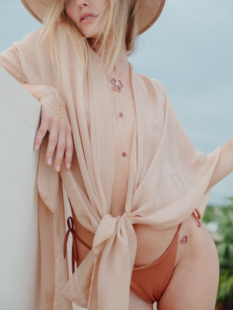 3 Petal Trinity Heart Flower Gemstone Body Chain - Goldish