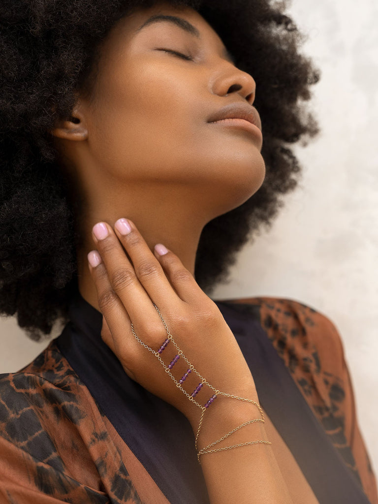 Ladders to Bliss Beaded Gemstone Hand Chain - Goldish