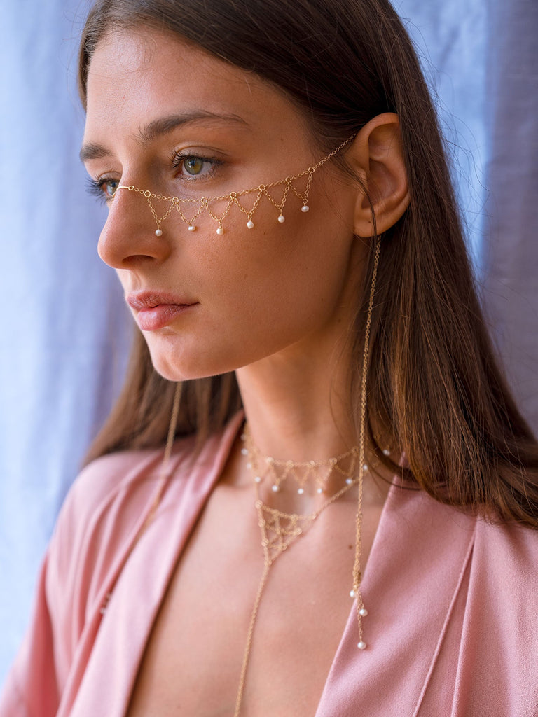 Pyramid Fringe Pearl Face Chain - Goldish