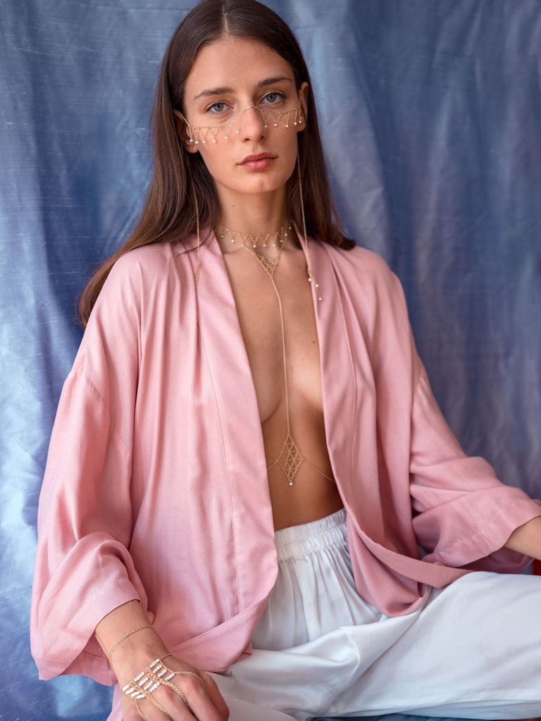 Pyramid Fringe Pearl Face Chain - Goldish