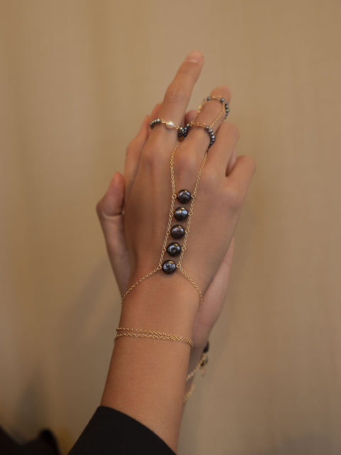 Ladders to Bliss Black Pearl Hand Chain - Goldish