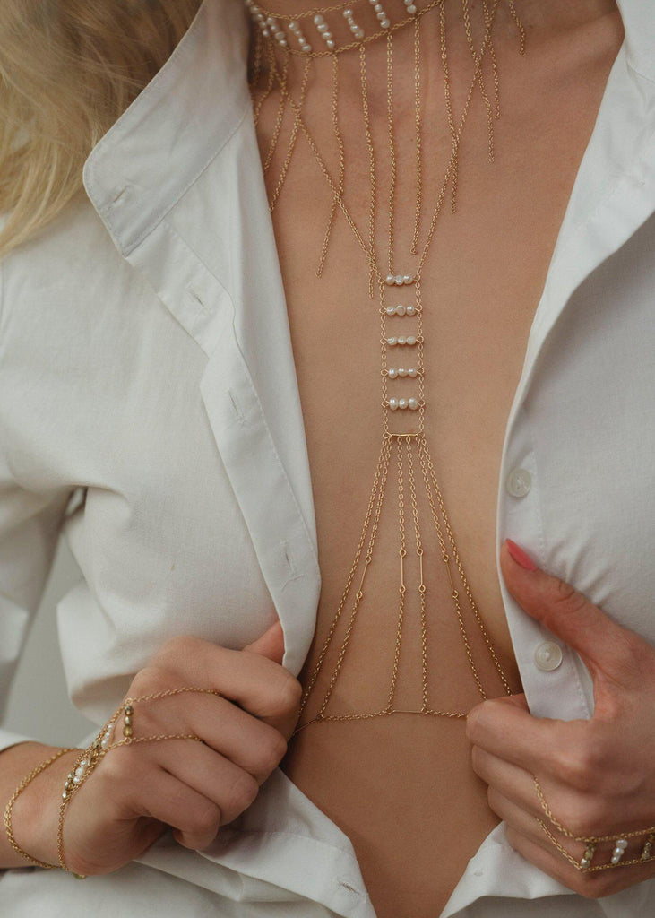 Pearl Heart Chakra Bodychain - Goldish