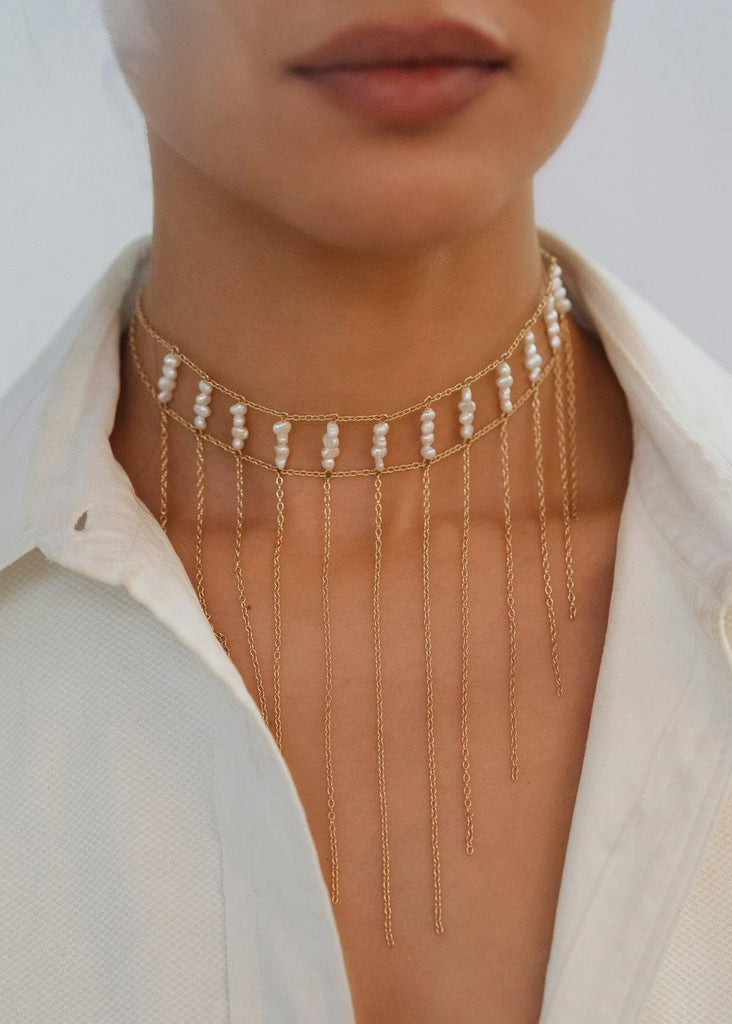 Waterfall Pearl Choker - Goldish
