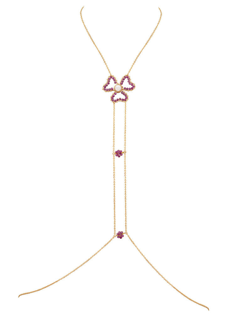 3 Petal Trinity Heart Flower Gemstone Body Chain - Goldish