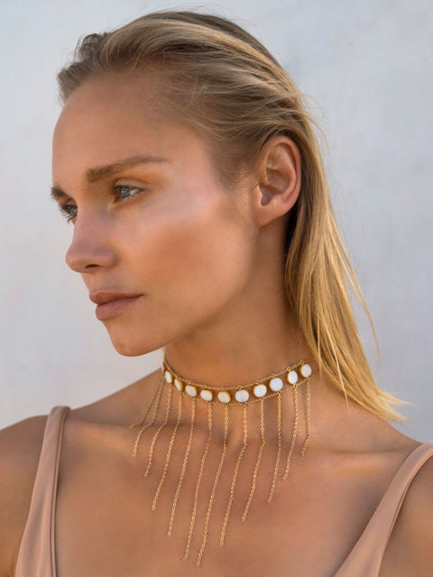 Circle Stone Waterfall Choker - Goldish